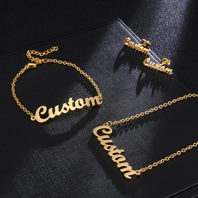 [Private Customization] Stainless Steel Name Necklace Plated Real Gold English Letter Bracelet Earrings Cross-border Hot Sale
