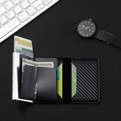 Cross-border Hot-selling Carbon Braze Dimension RFID Anti-theft Brush Automatic Pop-up Card Package Ultra-thin Credit Card Metal Card Package For Men