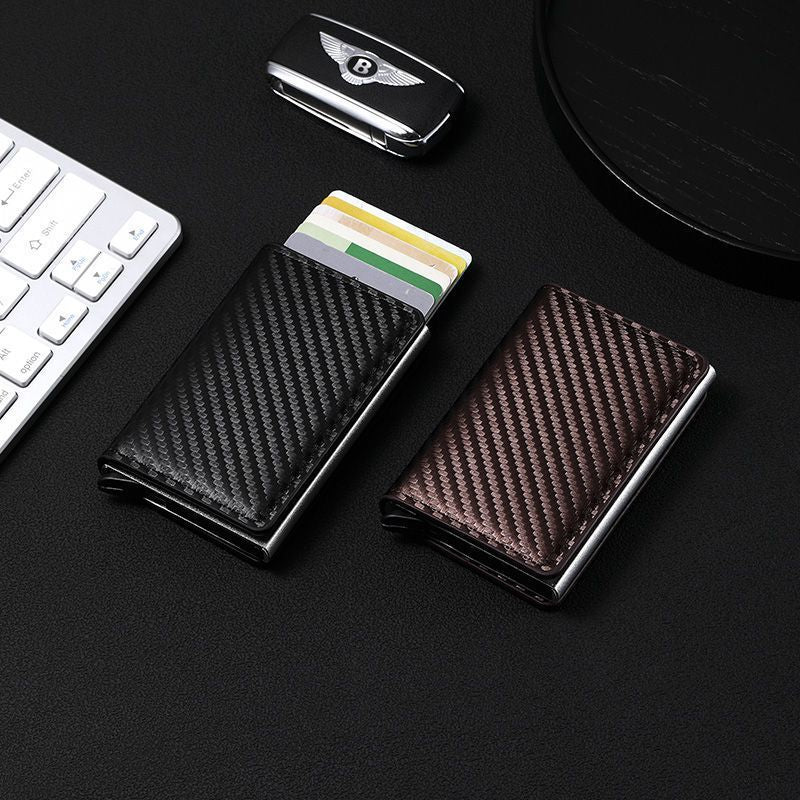 Cross-border Hot-selling Carbon Braze Dimension RFID Anti-theft Brush Automatic Pop-up Card Package Ultra-thin Credit Card Metal Card Package For Men