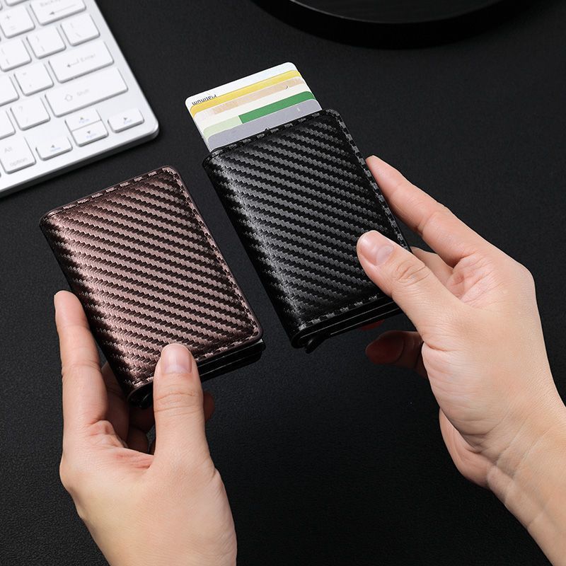 Cross-border Hot-selling Carbon Braze Dimension RFID Anti-theft Brush Automatic Pop-up Card Package Ultra-thin Credit Card Metal Card Package For Men