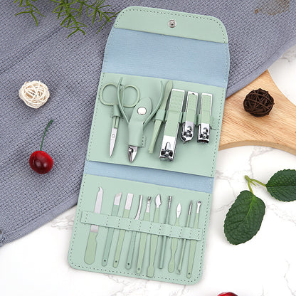 Nail Clippers Suit 16-piece Matcha Green Folding Bag Nail Clippers Suit Nail Clippers Manicure Eyebrow Shaping Tools Suit