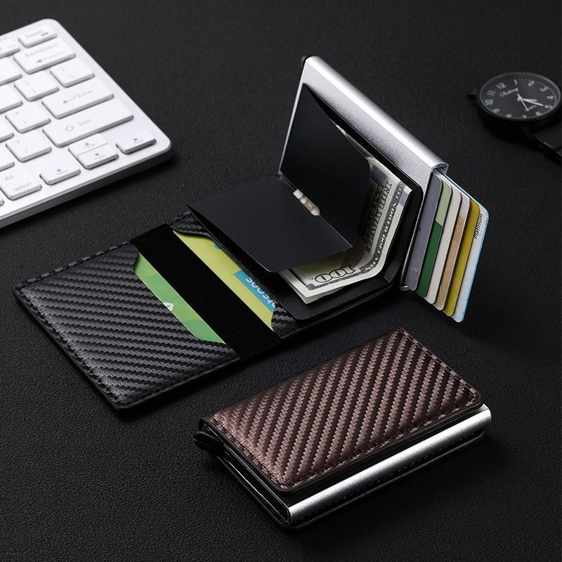 Cross-border Hot-selling Carbon Braze Dimension RFID Anti-theft Brush Automatic Pop-up Card Package Ultra-thin Credit Card Metal Card Package For Men