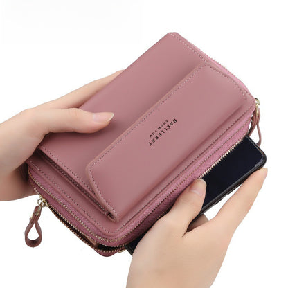 Fashionable Long Ladies Wallet Double Zipper Korean Style Mobile Phone Bag Single Shoulder Bag Fresh Sweet PU Medium Square Bag