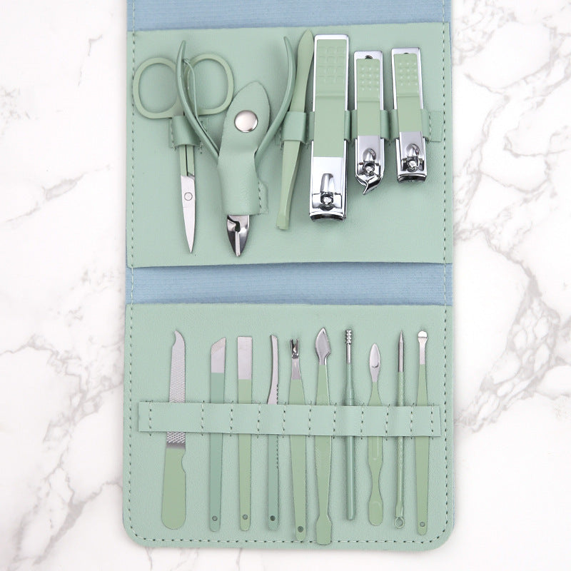 Nail Clippers Suit 16-piece Matcha Green Folding Bag Nail Clippers Suit Nail Clippers Manicure Eyebrow Shaping Tools Suit