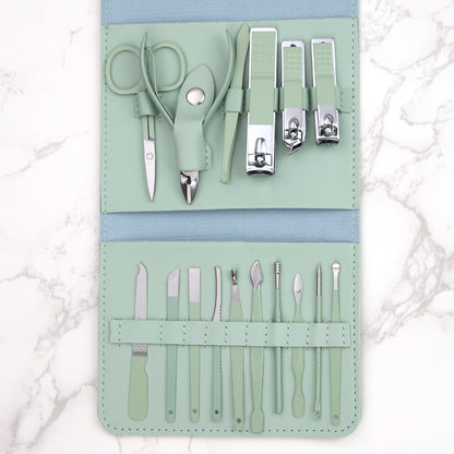 Nail Clippers Suit 16-piece Matcha Green Folding Bag Nail Clippers Suit Nail Clippers Manicure Eyebrow Shaping Tools Suit
