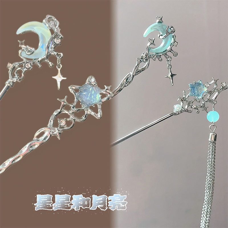 Ice Crystal Moonstone Hairpin Advanced Sense Tassel Step-by-Step New Chinese Style Cool Hairpin Antique Style Elegant Hair Pull Hairpin Female