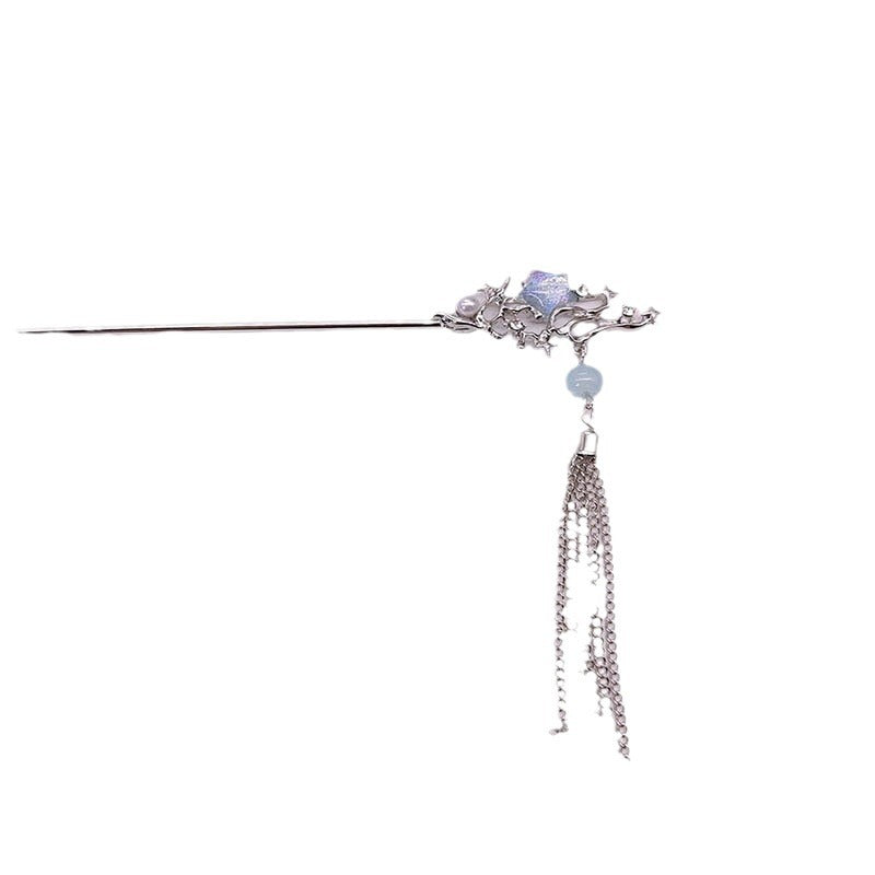 Ice Crystal Moonstone Hairpin Advanced Sense Tassel Step-by-Step New Chinese Style Cool Hairpin Antique Style Elegant Hair Pull Hairpin Female