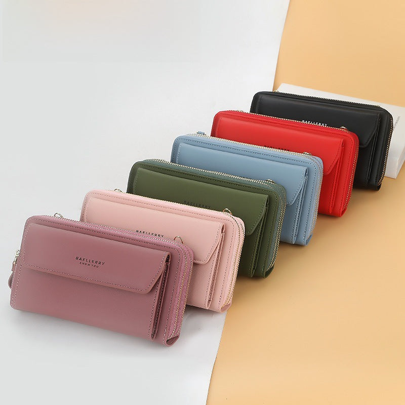 Fashionable Long Ladies Wallet Double Zipper Korean Style Mobile Phone Bag Single Shoulder Bag Fresh Sweet PU Medium Square Bag