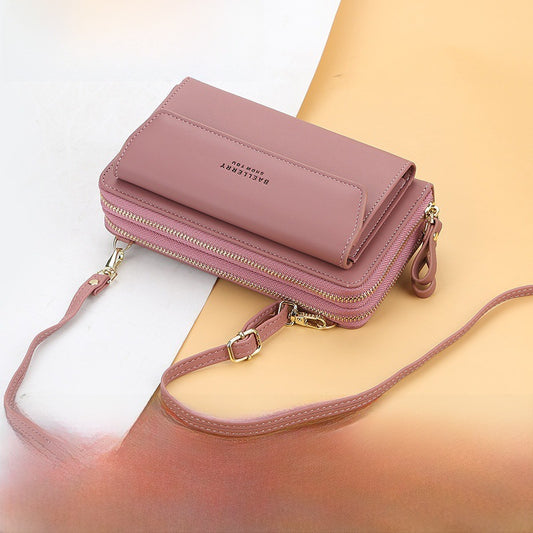 Fashionable Long Ladies Wallet Double Zipper Korean Style Mobile Phone Bag Single Shoulder Bag Fresh Sweet PU Medium Square Bag
