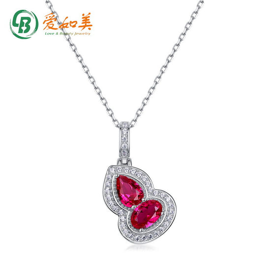 S925 Silver Pendant Necklace Ruby Red Cultured Ruby Gourd Shape Fashionable Luxury Jewelry Wholesale Available Love Beauty
