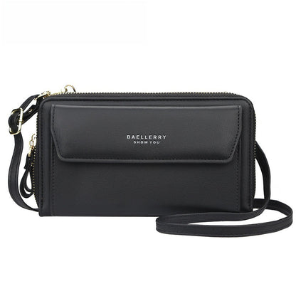 Fashionable Long Ladies Wallet Double Zipper Korean Style Mobile Phone Bag Single Shoulder Bag Fresh Sweet PU Medium Square Bag