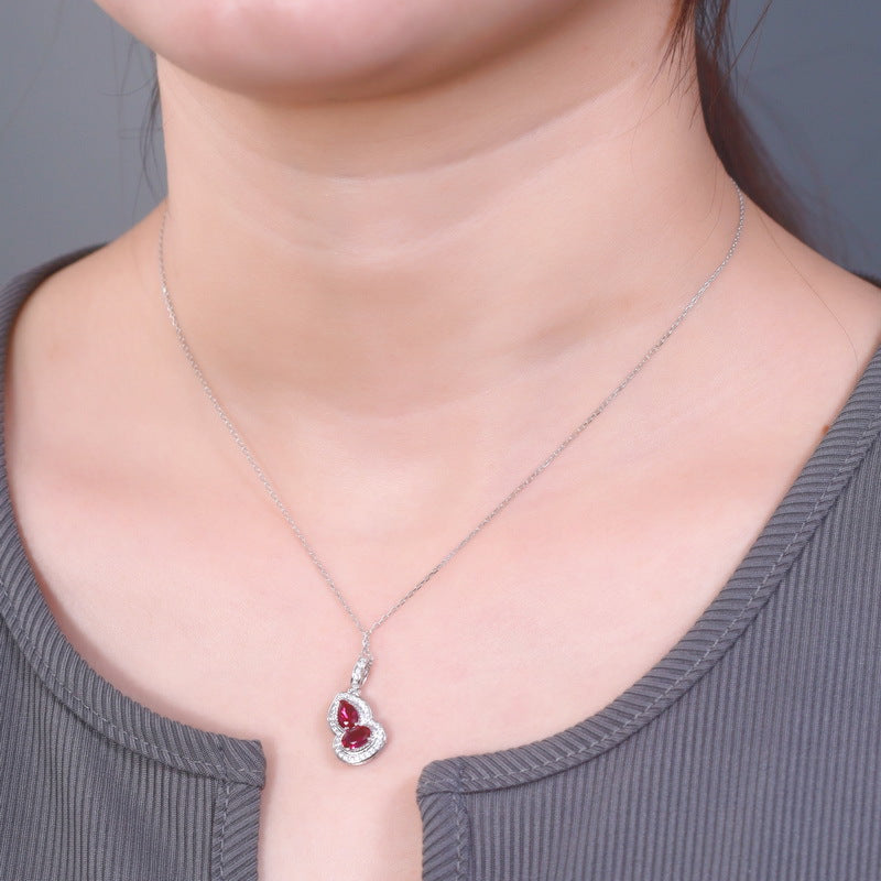 S925 Silver Pendant Necklace Ruby Red Cultured Ruby Gourd Shape Fashionable Luxury Jewelry Wholesale Available Love Beauty